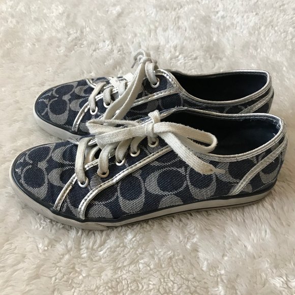 Coach Dee Navy Signature Sneakers Silver Logo 6.5 - Picture 2 of 9